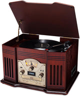 ClearClick All-in-One Turntable with 3-Speed Record Player, Bluetooth, CD, Cassette Tape, AM/FM Radio, Aux, USB, Built-in Speakers, Handmade Wooden Exterior ClearClick