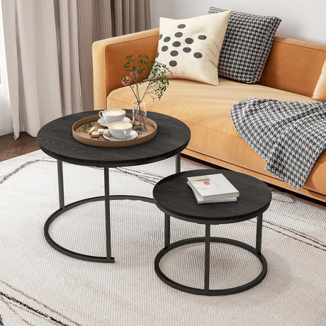 HOJINLINERO Round Coffee Table Set of 2 End Tables for Living Room,Black Coffee Table Nesting Tables,Living Room Table Wooden Accent Furniture Metal Frame,Sturdy Stacking Side Tables,Easy Assembly HOJINLINERO