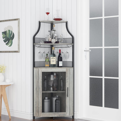 Amyove Corner Wine Bar Rack Cabinet with Detachable Wine Rack, Bar Cabinet with Glass Holder, Small Sideboard and Buffet Cabinet with Mesh Door