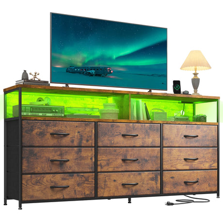 Romorgniz 55" W Dresser for Bedroom with 9 Drawers, LED TV Stand with Power Outlets for 45, 55, 65 Inch TV, Sturdy Long Chest of Drawers with Extra 2 Wooden Shelves, Rustic Brown Romorgniz