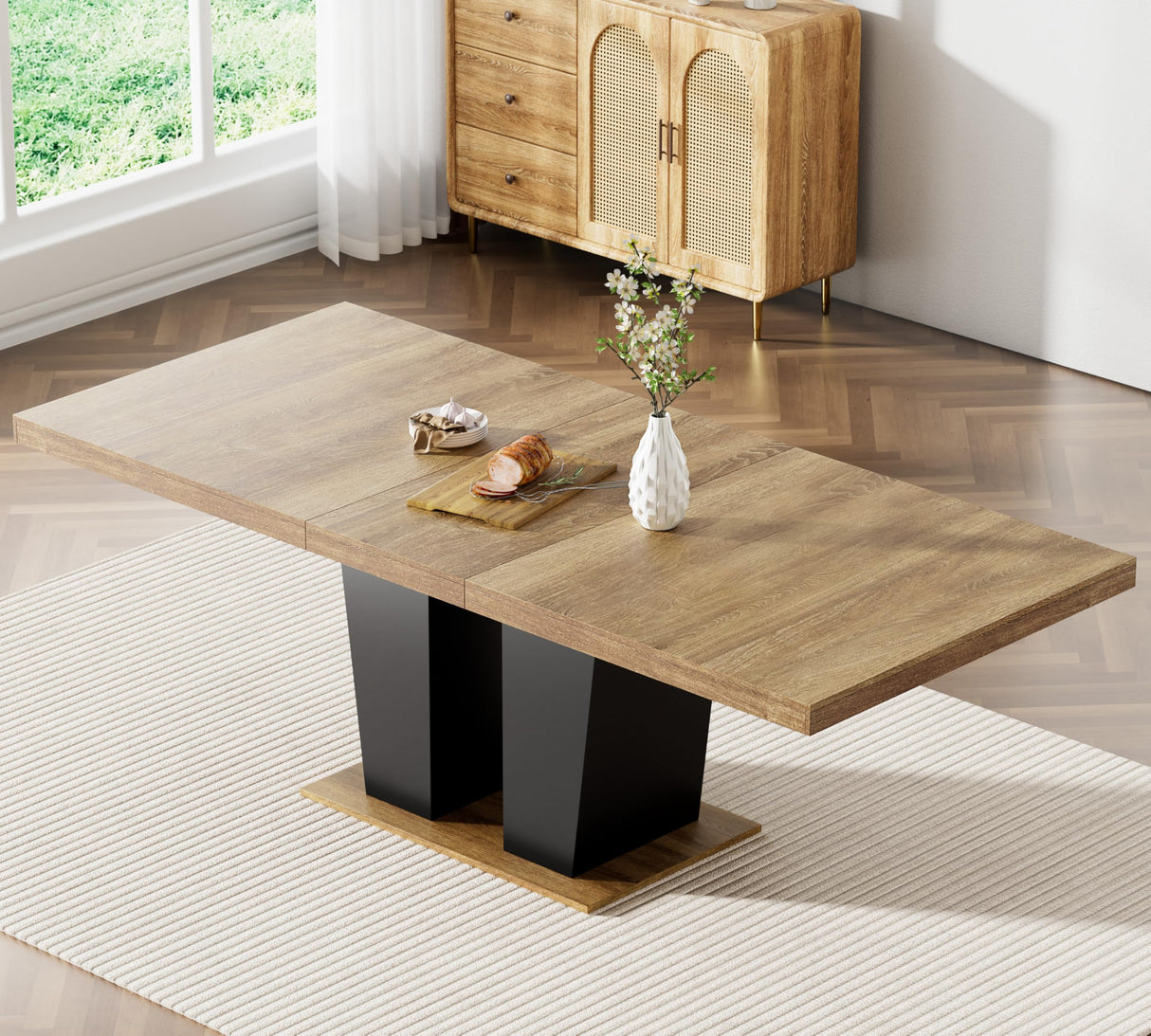 Pvillez Rustic 9 Piece Dining Table Set, 62.99"-78.74" Extendable Dining Table & 8 Gray Velvet Dining Chairs with Wood Leg, Brown Expandable Dining Room Table and Chairs Set Pvillez