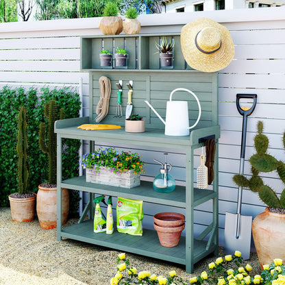 Large Wooden Farmhouse Rustic Outdoor Patio Workstation Potting Bench Table with 4 Storage Shelves and Side Hook - Green