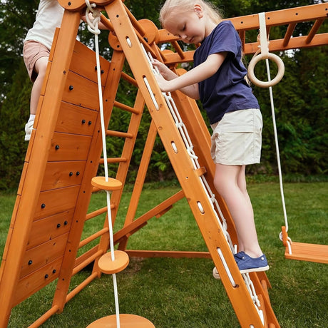 Avenlur 8-in-1 Small Indoor/Outdoor Playset – Foldable Wooden Kids Play Set for Backyard – Kid Playground for Toddlers Age 2–6 with Slide, Monkey Bars, 2 Ladders, 2 Swings, Rock Climbing, Gym Rings Avenlur