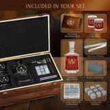 Personalized Whiskey Decanter and Stones Set - Customized Gift for Him - Men, Dad, Father - Engraved Old Fashioned Decanter, Glasses, 9 Granite Stones in Container, Coasters, Tongs in Wooden Gift Box Frolk