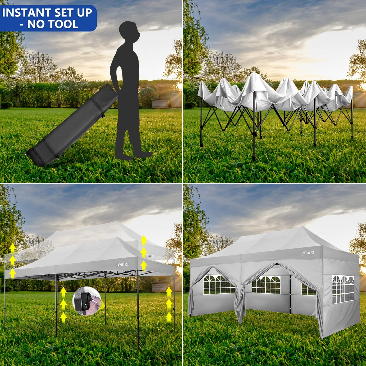 COBIZI 10x20 Heavy Duty Pop up Canopy Tent with 6 sidewalls Easy Up Commercial Outdoor Wedding Party Tents for Parties All Season Wind & Waterproof Gazebo Roller Bag,White(Frame Thickened) COBIZI