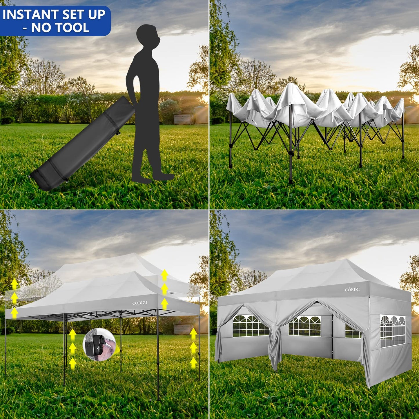 COBIZI 10x20 Heavy Duty Pop up Canopy Tent with 6 sidewalls Easy Up Commercial Outdoor Wedding Party Tents for Parties All Season Wind & Waterproof Gazebo Roller Bag,White(Frame Thickened)