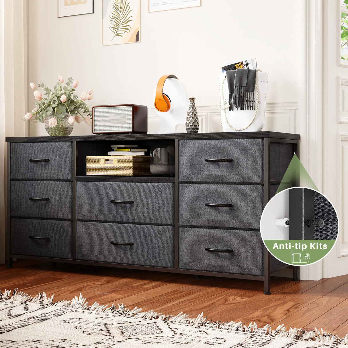 EnHomee Dresser TV Stand with Power Outlet Entertainment Center with 8 Fabric Deep Drawers Media Console Table for 55" TV Wide Storage Drawer Dresser for Bedroom, Living Room, Entryway, Grey EnHomee