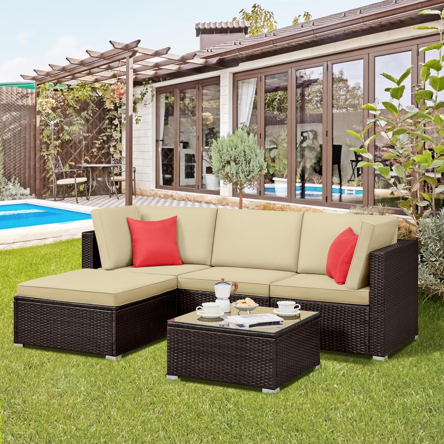 Yaheetech Patio Furniture Set, 5-Piece Outdoor/Indoor Rattan Wicker Sofa Set w/Glass-top Table & Cushions, All-weather Conversation Lounge Set for Porch/Yard/Poolside/Balcony - Brown/Khaki - WoodArtSupply