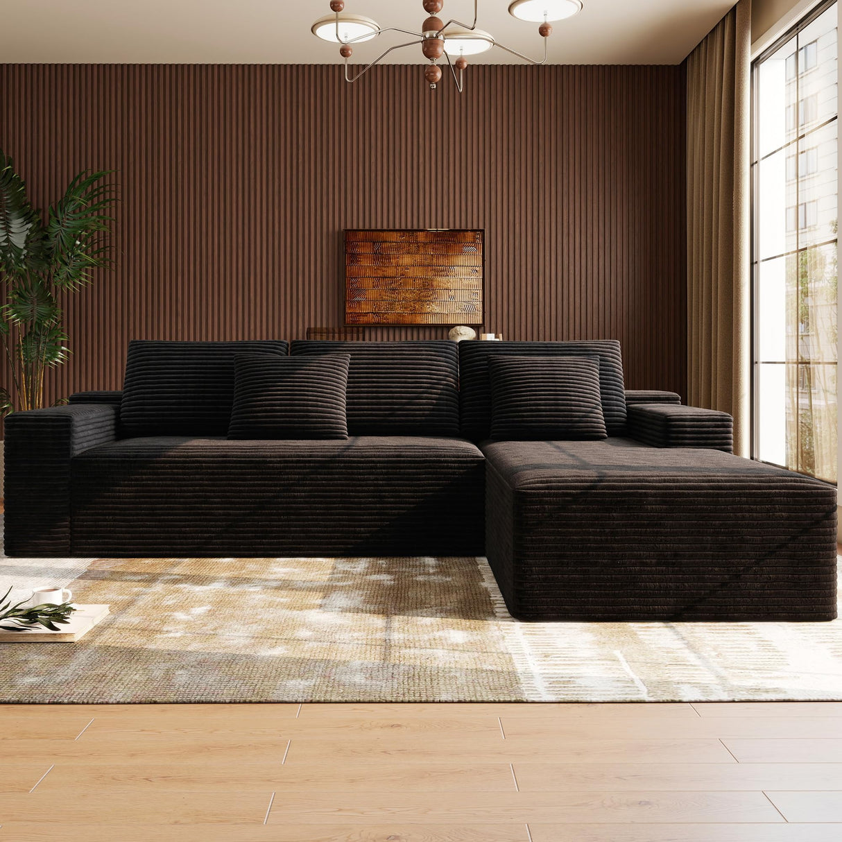 Boneless Modular Sectional Sofa, Cloud Couch with Right Facing Chaise, Oversized Deep Seat, L-Shaped, Soft Corduroy Fabric, Sectional Couch for Living Room -Black NMXUXMN