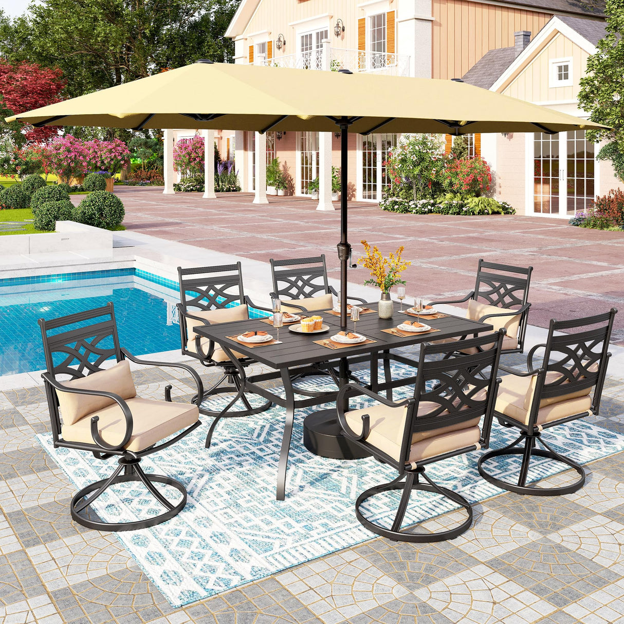 PHI VILLA Outdoor Patio Dining Set for 6 People with 15ft Umbrella(Beige),Includes 6 Outdoor Swivel Chairs with Cushions and a Metal Rectangular Table, Perfect for Garden, Lawn, or Deck PHI VILLA