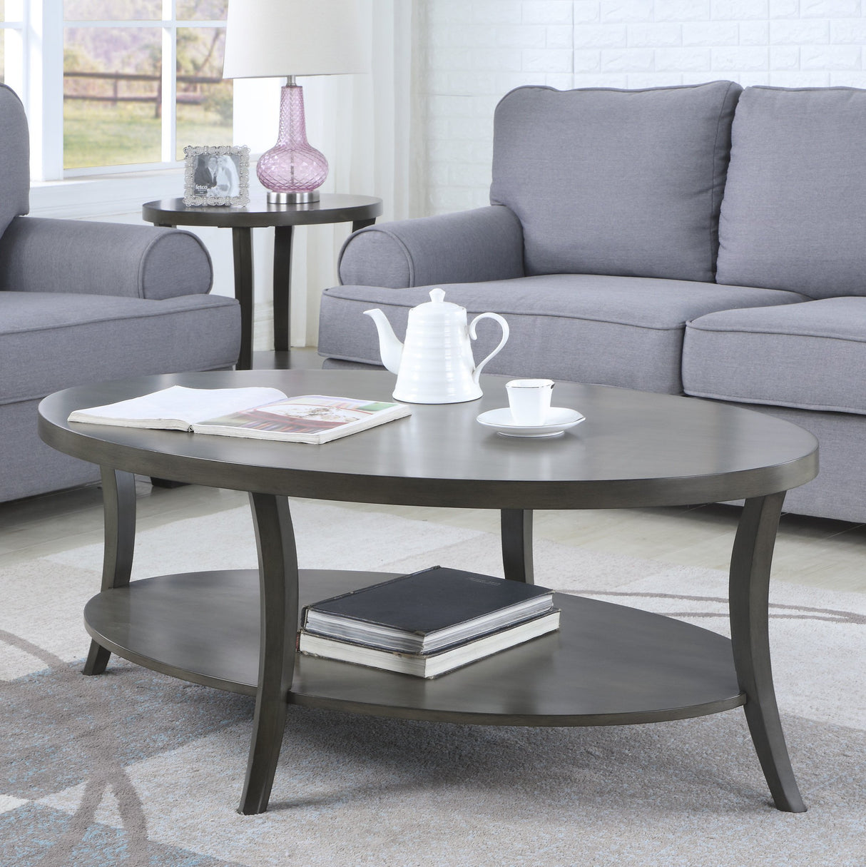 Roundhill Furniture Perth Contemporary Oval Shelf Coffee Table, Gray Roundhill Furniture