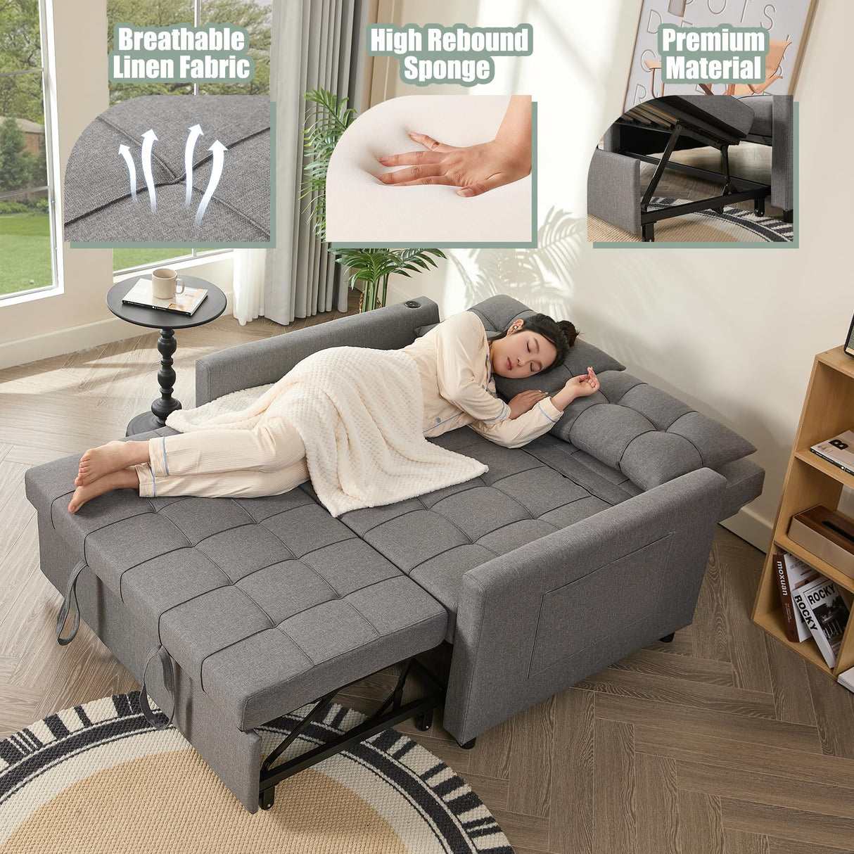 52" Sleeper Sofa with Pull-Out Bed, 3-in-1 Convertible Sofa Bed, Loveseat with Stepless Adjustable Backrest and Side Pocket, for Living Room Dorm Apartment, Linen, Light Gray GOSUHI