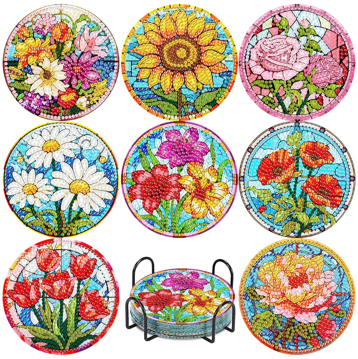 8 Pcs Flower Diamond Painting Coasters Kit with Holder, DIY Flowers Diamond Coaster Non-Slip Coaster for Adults, Crystal Full Drill Rhinestone Diamond Art Diamond Painting Kit Supplies LWZAYS