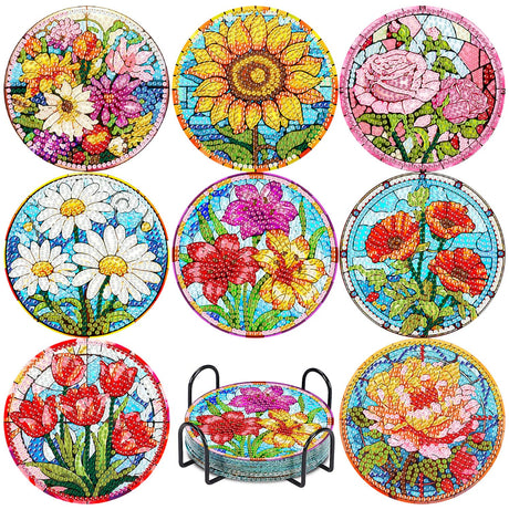 8 Pcs Flower Diamond Painting Coasters Kit with Holder, DIY Flowers Diamond Coaster Non-Slip Coaster for Adults, Crystal Full Drill Rhinestone Diamond Art Diamond Painting Kit Supplies LWZAYS