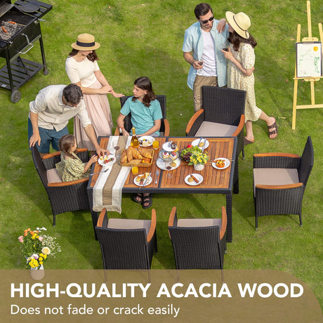Devoko Dining 7 PCS Furniture, Patio Conversation Set with Acacia Wood Table Top, Rattan Outdoor, Black Devoko