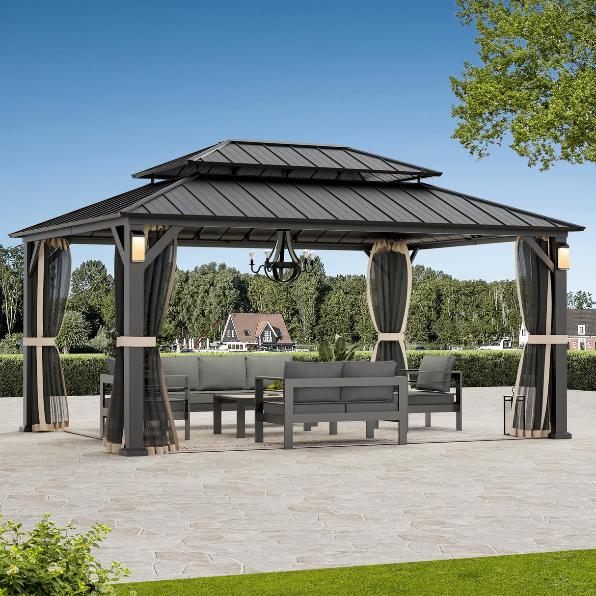 Modern Shade The Horizon Permanent Hardtop Gazebo 12' x 16' w/ 4 LED Lights, Outdoor Gazebo w/Galvanized Steel Double Roof, Patio Pavilion w/Decor Hooks, Mosquito Nettings, Black Modern Shade Outdoor Living Spaces