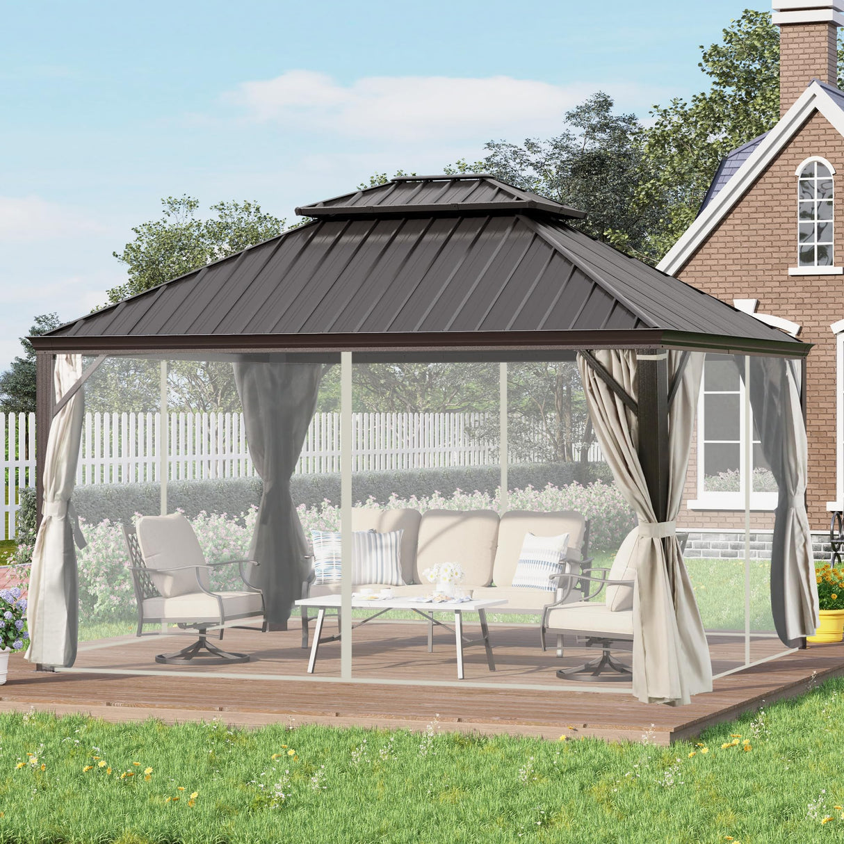 GREEN PARTY 12 X 14ft Hardtop Gazebo with Nettings and Curtains, Heavy Duty Double Roof Galvanized Steel, Outdoor Aluminum Gazebos Pergolas for Patios, Backyard, Deck, Garden, Lawns GREEN PARTY