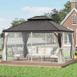 GREEN PARTY 12 X 14ft Hardtop Gazebo with Nettings and Curtains, Heavy Duty Double Roof Galvanized Steel, Outdoor Aluminum Gazebos Pergolas for Patios, Backyard, Deck, Garden, Lawns GREEN PARTY