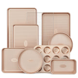 HONGBAKE 9-Piece Baking Pans Set Nonstick, Stackable Non Toxic Bakeware Sets with Diamond Texture, Oven Pan Set for Cooking, Includes Cookie Sheet with Rack, Cake Pan, Roasting Pan, Muffin Pan, Gold HONGBAKE