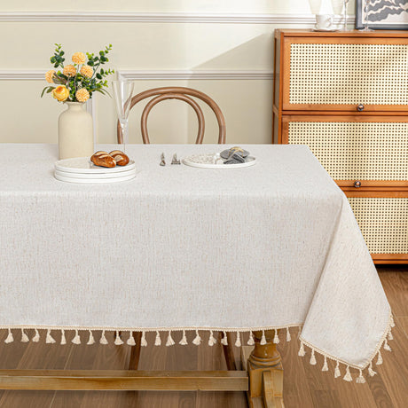 MYSKY HOME Table Cloth 60x84 in Rectangle Table, Heavy Duty Cotton Tassel Linen Look Waterproof Tablecloths Farmhouse Tablecloth, Wrinkle Free Table Cover with Beige Tassels for Kitchen Dining, Party MYSKY HOME