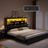 DWVO Queen Size Bed Frame with Storage Bookcase Headboard & LED Lights, Slide Out Bedside Storage, Charging Station, Heavy Duty Metal Slats, No Box Spring Needed, Noise-Free, Easy Assembly, Black DWVO