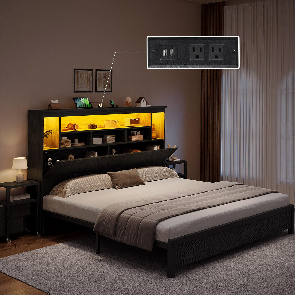 YITAHOME Queen Size Bed Frame with Storage Bookcase Headboard & LED Lights, Slide Out Bedside Storage, Charging Station, Heavy Duty Metal Slats, No Box Spring Needed, Noise-Free, Easy Assembly, Black YITAHOME