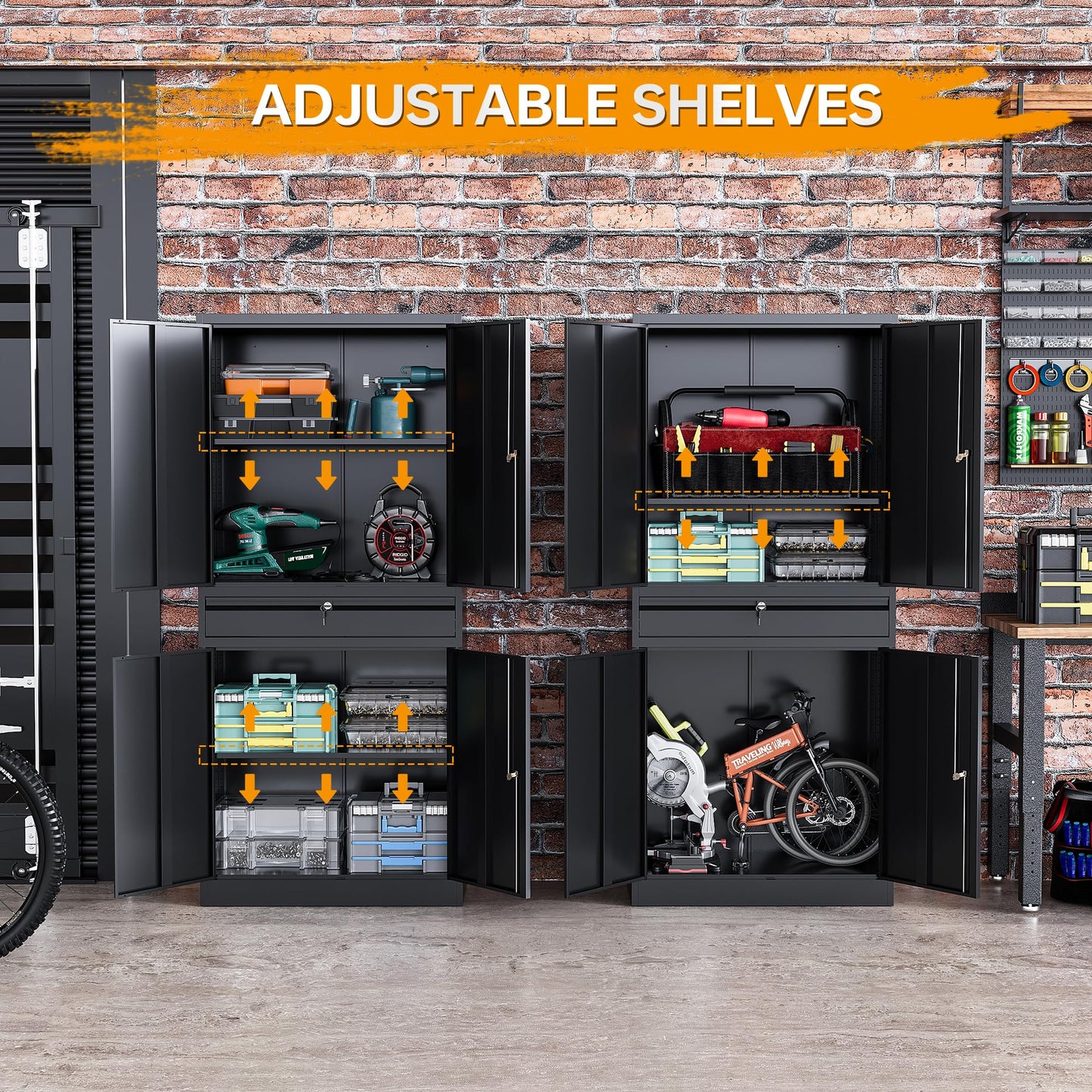 STANI Metal Garage Storage Cabinets with Drawer, 4 Doors Tool Storage Cabinet with 2 Adjustable Shelves, 71"-Lock Steel Locking Cabinet for Garage Utility Room Home Office (Black, 0 Wheel-71  - WoodArtSupply