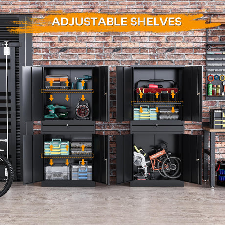 STANI Metal Garage Storage Cabinets with Drawer, 4 Doors Tool Storage Cabinet with 2 Adjustable Shelves, 71"-Lock Steel Locking Cabinet for Garage Utility Room Home Office (Black, 0 Wheel-71 H) STANI
