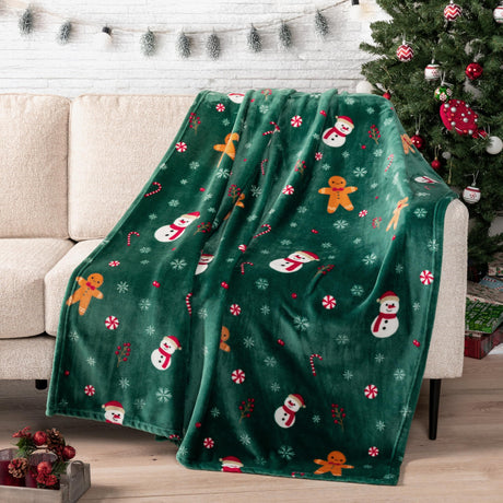 PAVILIA Christmas Gingerbread Throw Blanket | Green Holiday Christmas Fleece Blanket | Soft, Plush, Warm Winter Cabin Throw, 50x60 (Green Gingerbread) PAVILIA