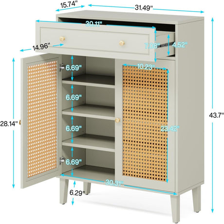 Shoe Cabinet With Rattan Doors And Drawer, 4 Tier Storage Organizer - Mint Green HouseOfZazla