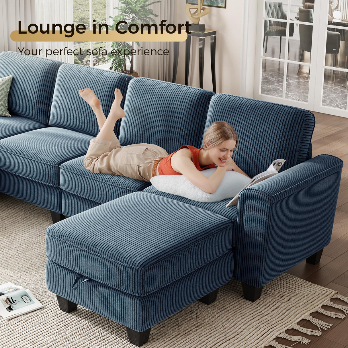 KKL Sectional Sofa Couch for Living Room, 106 Inches L Shaped Couch with Storage, 5 Seater Corduroy Home Sofas, Modern Couches with Chaise for Apartment, Sofas para Sala, Blue KKL