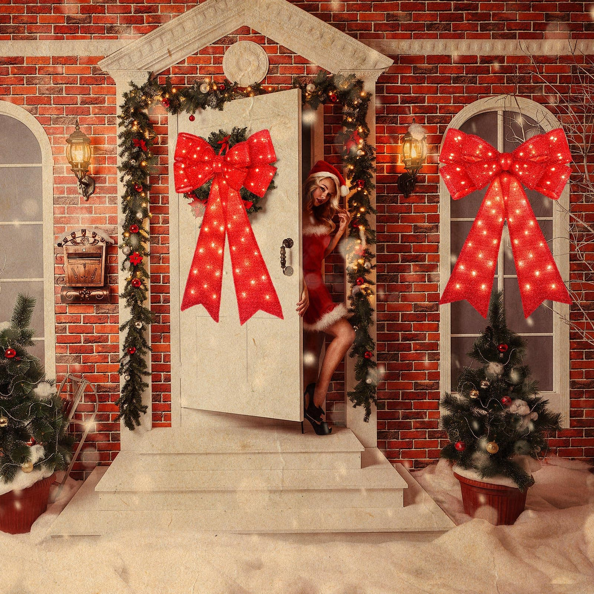 Liliful 2 Pcs 18 x 32 in LED Christmas Wreath Bows Extra Large Bows 72 LED Lights Wreath Huge Bow Door Wall Xmas Tree Top Decor for Indoor Outdoor Winter Xmas Party (Glitter) Liliful