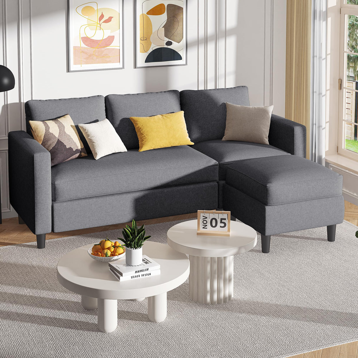 Shintenchi Small Sectional Couch Sofas, L Shape Sofa with Ottoman, Fabric Upholstered Convertible Sofa Couches, Small Couch for Apartments, Living Room and Office (Dark Grey) Shintenchi