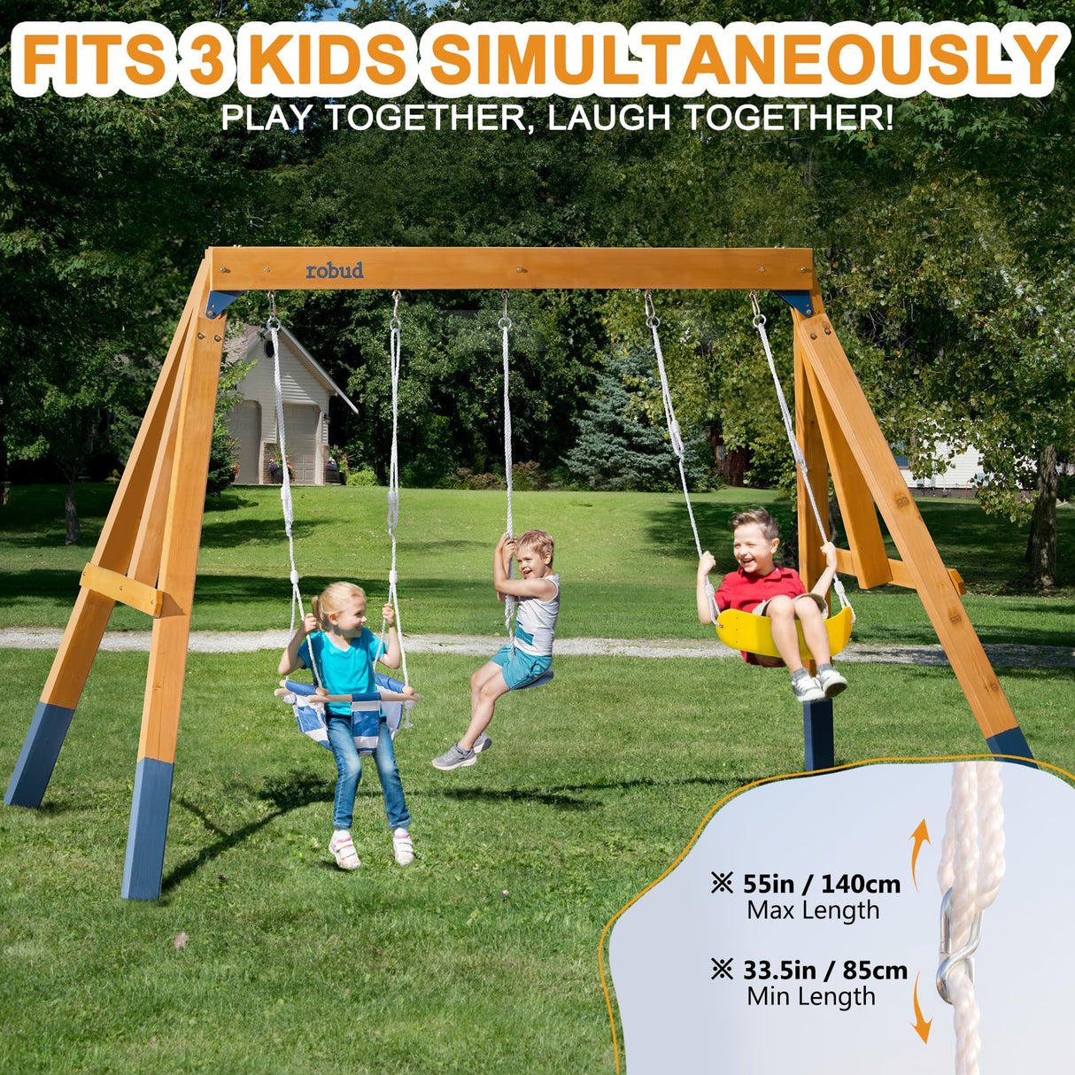 ROBUD 3-in-1 Playground Wooden Swing Sets for Backyard, DIY Swing Sets with Tree Swing and 2 Toddler Swings, Kids Outdoor Play Equipment, Outdoor Playset for Kids & Toddlers, Ages 3+ ROBUD