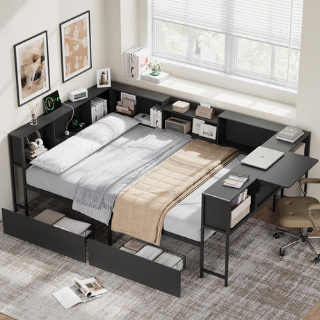 Corner Full Bed Frame with Storage Bookcase and Foldable Desktop, Black Full Size U-Shaped Metal Corner Bed Platform for Teenagers & Kids, Daybed with Charging Station & 2 Storage Drawers for Bedroom Harpaq