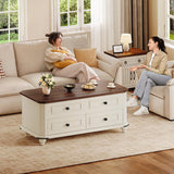DWVO Lift Top Coffee Table with Storage, Farmhouse Wood Central Table w/Large Hidden Compartment, 2 Storage Drawers, Lift Tabletop Dining Table for Living Room, Reception Room, Rustic White DWVO