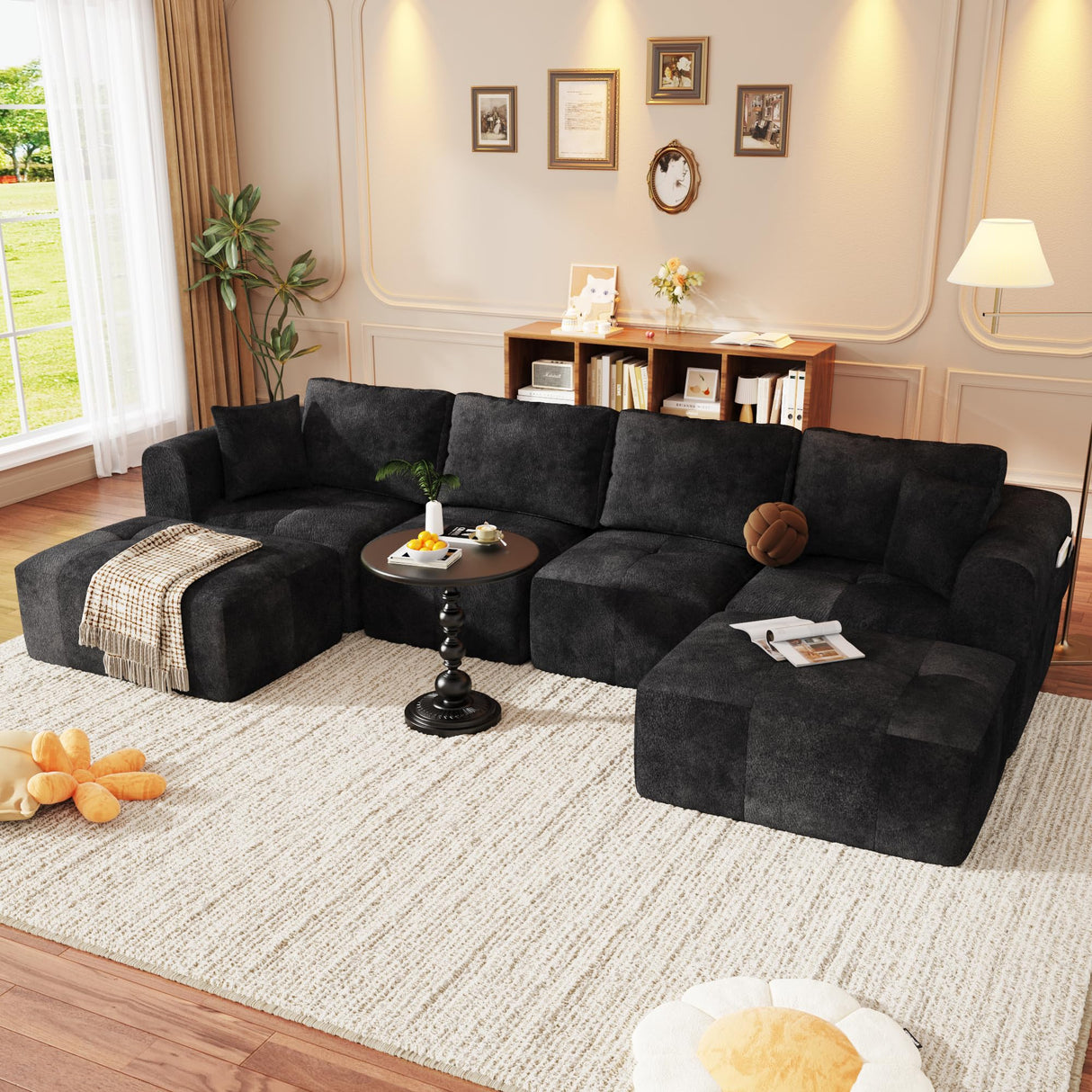 Squireewo 140" U-Shaped Sectional Sofa,4 Seat Modular Cloud Couch Boneless with 2 Convertible Ottomans & Deep Seat,No Assembly Required,Modern Chaise Lounge for Living Room,Chenille,Grayish-Black Squireewo