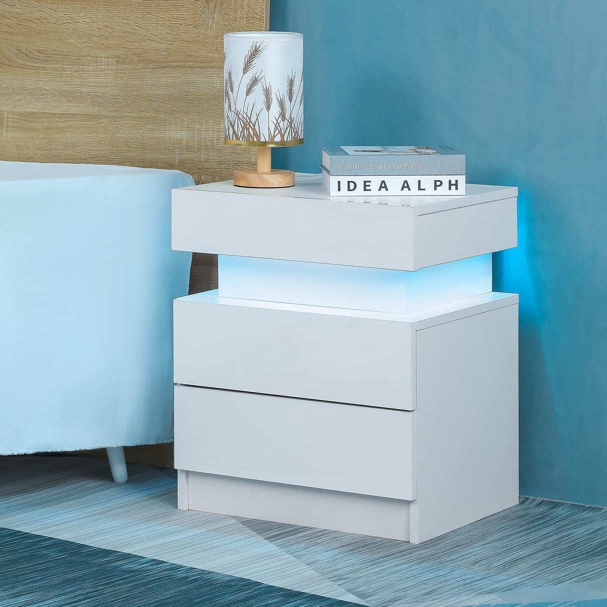 Yoluckea LED Nightstand for Bedroom, Modern High Gloss Wood 2 Drawers White Nightstand Bedside Table End Table with Flip Top Hidden Storage Compartment for Bedroom Living Room Yoluckea