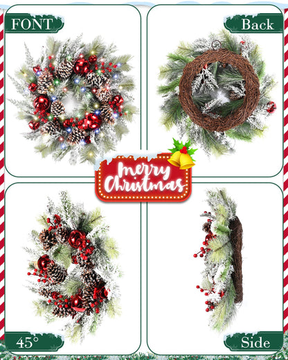 DDHS Christmas Wreaths for Front Door,24 Inch Pre-Lit Winter Wreath with Big Bells, Pine Cones, Red Berries 60 LED Lights, for Party Table Fireplaces Porch Walls New Years Christmas Home Decor-Snow