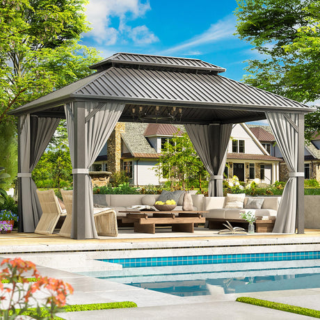 VIWAT 10x14 FT Hardtop Gazebo with Aluminum Frame, Galvanized Steel Double Roof Gazebo with Nettings and Curtains, Permanent Outdoor Metal Pavilion for Patio, Deck, Lawn and Garden, Gray VIWAT