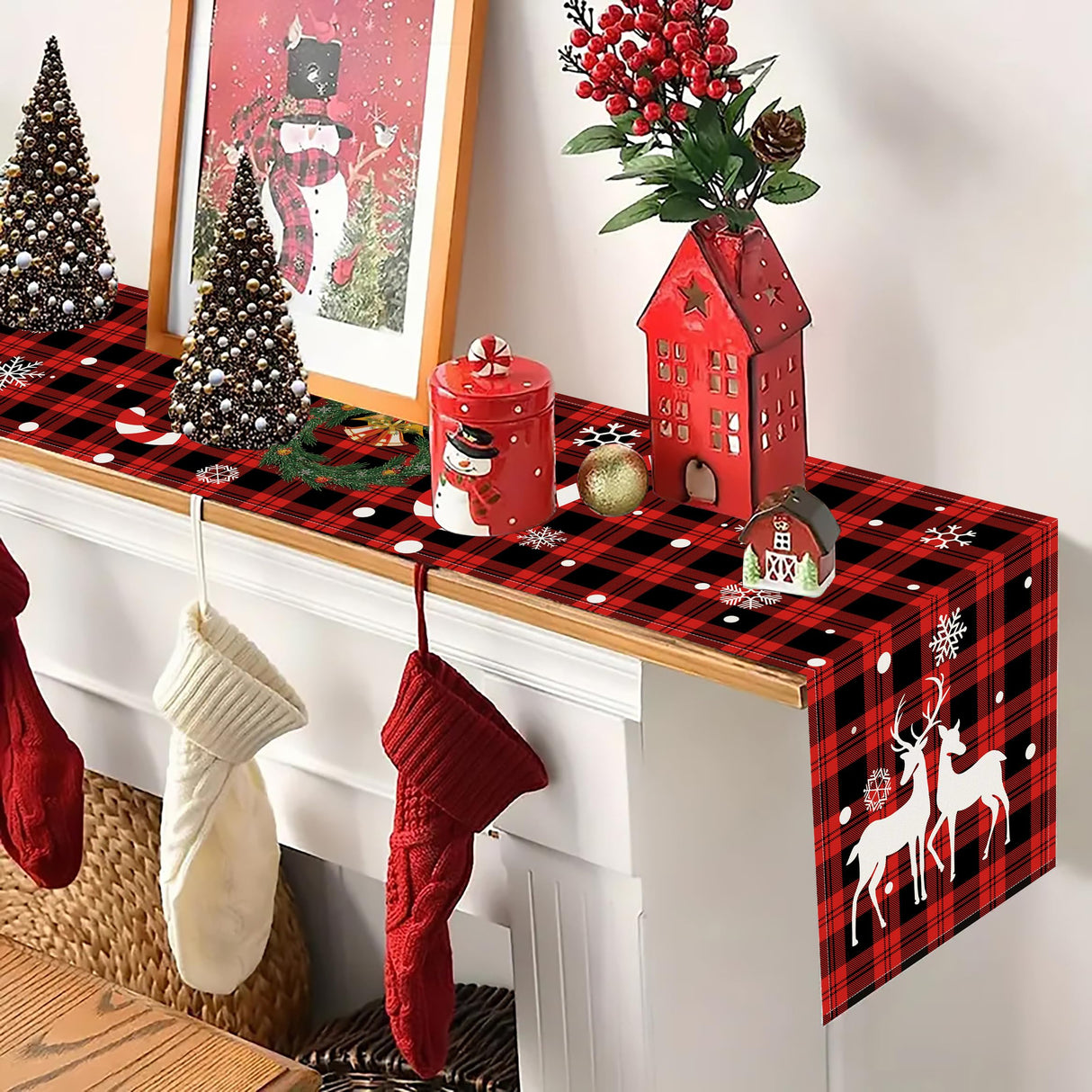 Buffalo Plaid Christmas Table Runner 13" x 72" Long Linen Xmas Reindeer Table Runner Christmas Decoration, Joy Apatsp