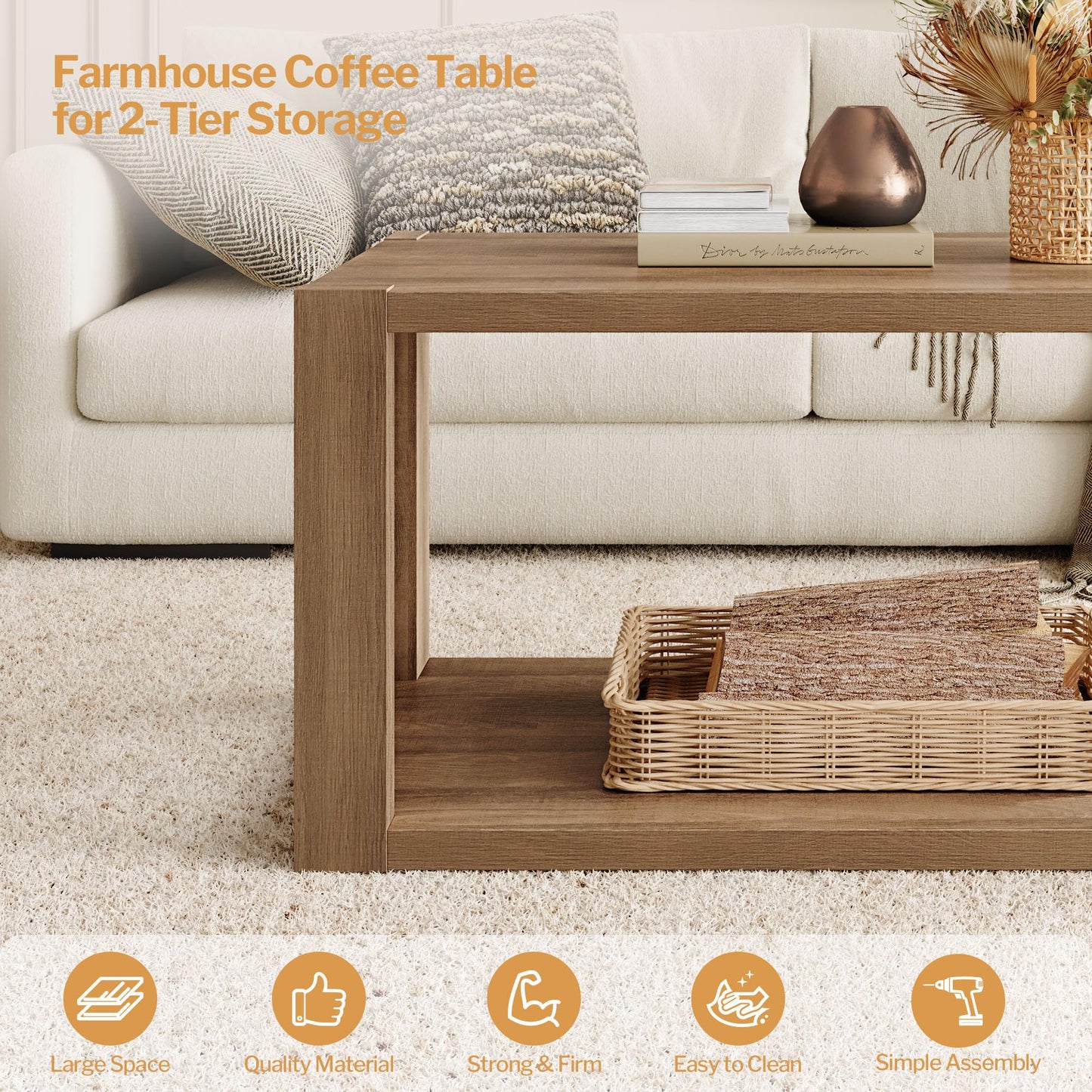 SICOTAS Farmhouse Wood Coffee Table - Boho Table with Storage Shelf, Rectangle Center Table Wood Look Accent Table, 2-Tier Sofa Side Table Mid Century - WoodArtSupply