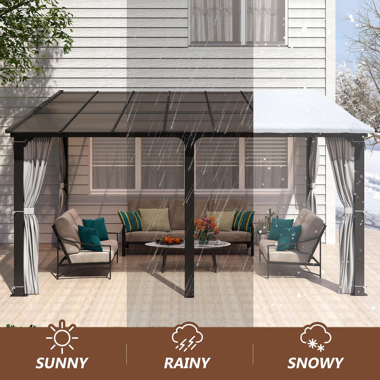 Raysfung 12x14FT Outdoor Wall-Mounted Hardtop Gazebo, Aluminum Frame Lean to Gazebo with Polycarbonate Roof and Curtains for Patio, Garden, Deck Raysfung