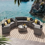 VONZOY Patio Sectional Furniture Outdoor 11-Piece Grey Rattan Curved Sofa Set with Storage Table,Pillows,Fit for Pool Backyard Balcony Porch Lawn (Grey) VONZOY