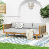 Merax 67.5" Outdoor Patio Daybed 3 Seater Sofa Bed,Acacia Wood Frame with Rattan Arm,Cushion & Pillow for Pool Merax