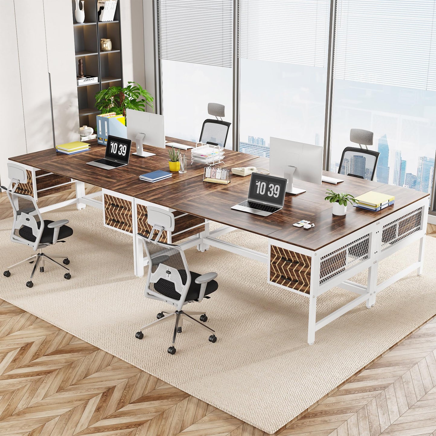 Tribesigns Computer Executive Desk with Drawers: Wood 63" Computer Desk with 4 Storage Drawers, Farmhouse Study Writing Table, Herringbone Business Furniture for Home Office, Brown and White - WoodArtSupply