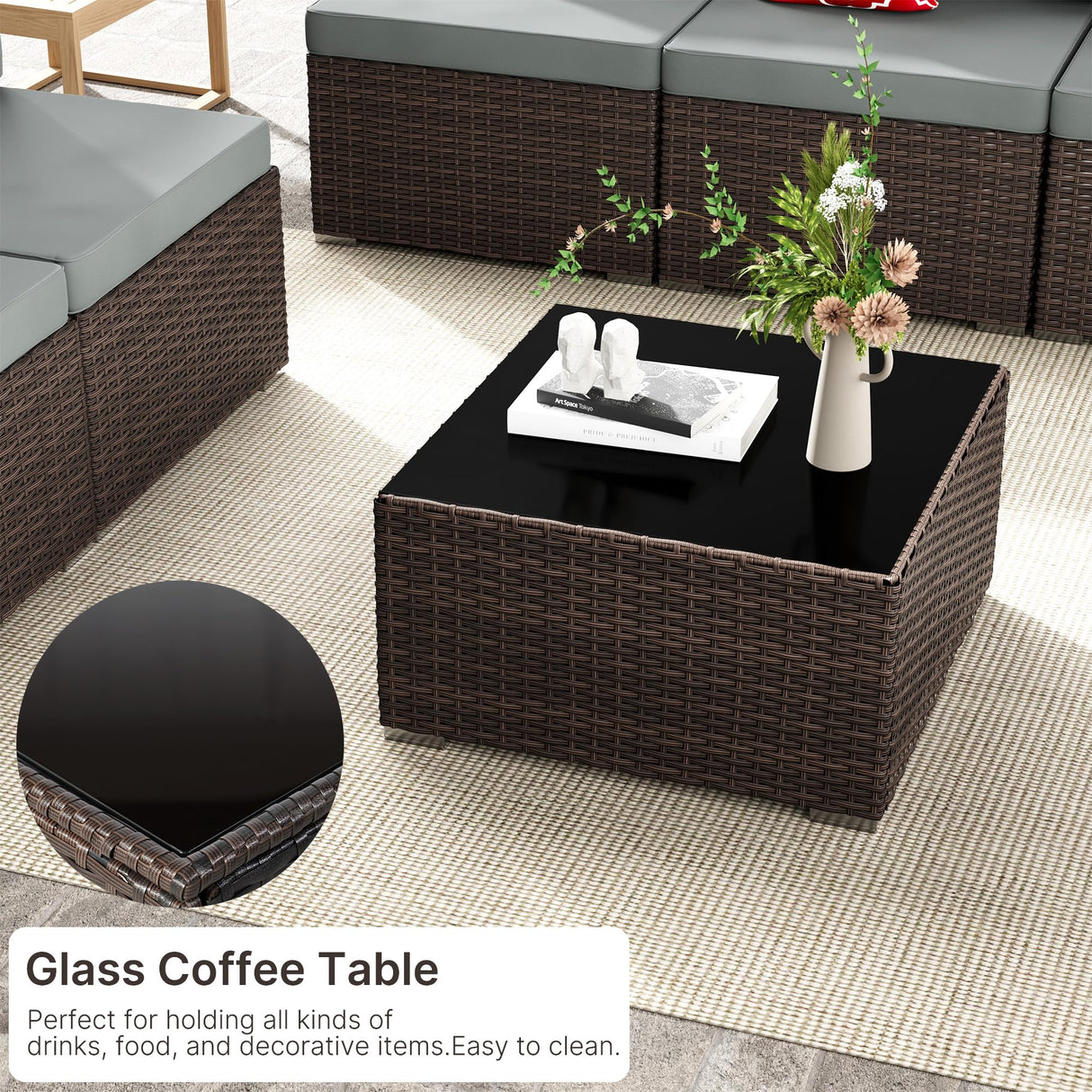 7 Piece Patio Furniture Set, Outdoor Wicker Patio Sofa Set, PE Rattan Sectional Couch with Glass Table and Grey Cushions, All-Weather 7 Piece Outdoor Patio Furniture Sets, Brown Tradare