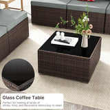 7 Piece Patio Furniture Set, Outdoor Wicker Patio Sofa Set, PE Rattan Sectional Couch with Glass Table and Grey Cushions, All-Weather 7 Piece Outdoor Patio Furniture Sets, Brown Tradare