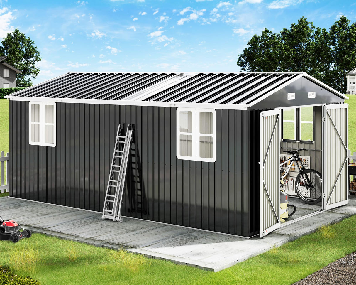 AMERLIFE 10x16x7.2 FT Metal Storage Shed with 2 Transparent Panels, Outdoor Tool Shed with Hinged Double Doors, Windows & Vents, Reinforced Steel Frame for Backyard Garden, DIY Workshop, Dark Gray AMERLIFE