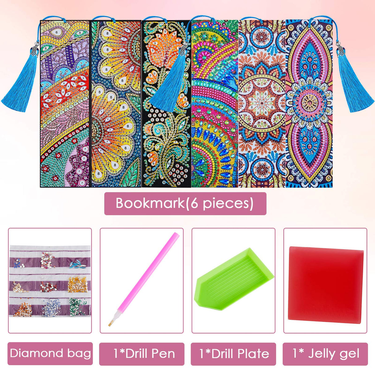 6 Pieces 5D Diamond Bookmark DIY Painting Bookmark Floral Beaded Leather Tassel Bookmarks for DIY Making Arts Crafts Adults Graduation Birthday Embroidery(Classic Style) Zonon